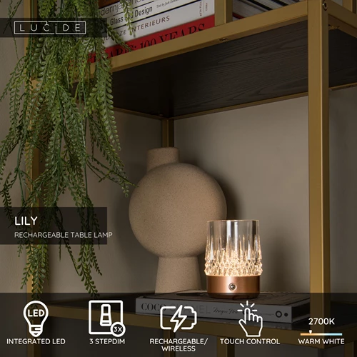 Lucide LILY - Rechargeable Table lamp - Battery pack - Ø 8 cm- LED 3 StepDim - 1x3W 2700K/3000K - Copper - Set of 3 - USP